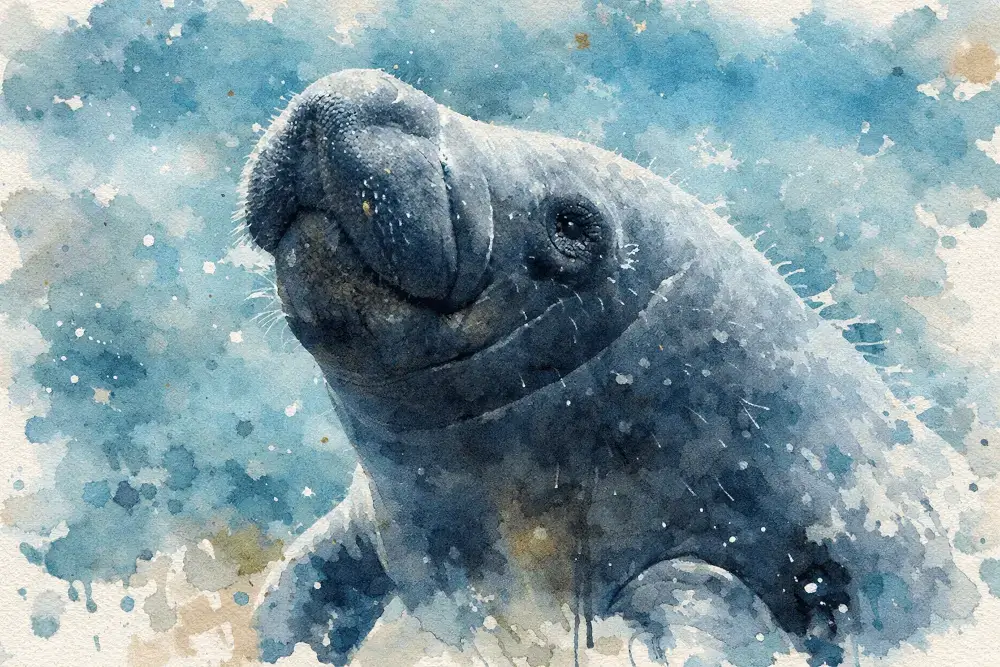 Watercolor painting of a manatee looking upward against a blue splashed background