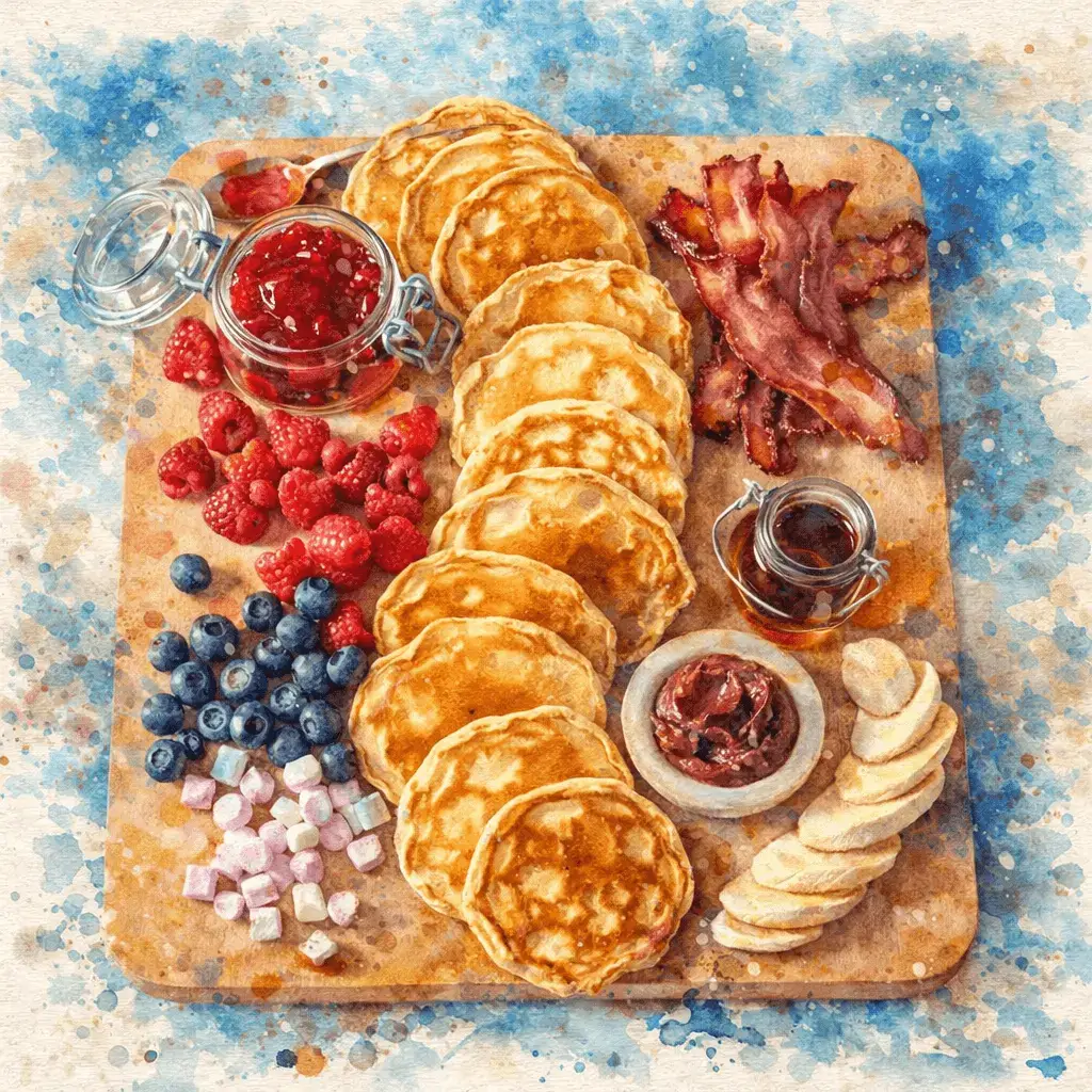 Watercolor illustration of a brunch board with pancakes, bacon, berries, and jam